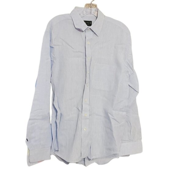 MINE | Men's Blue Multicolored Placket 100% Linen Button-Down Shirt (Size Large) - Picture 2 of 12